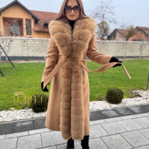 Dugi kaput od kašmira s krznom do struka – Tamno bež