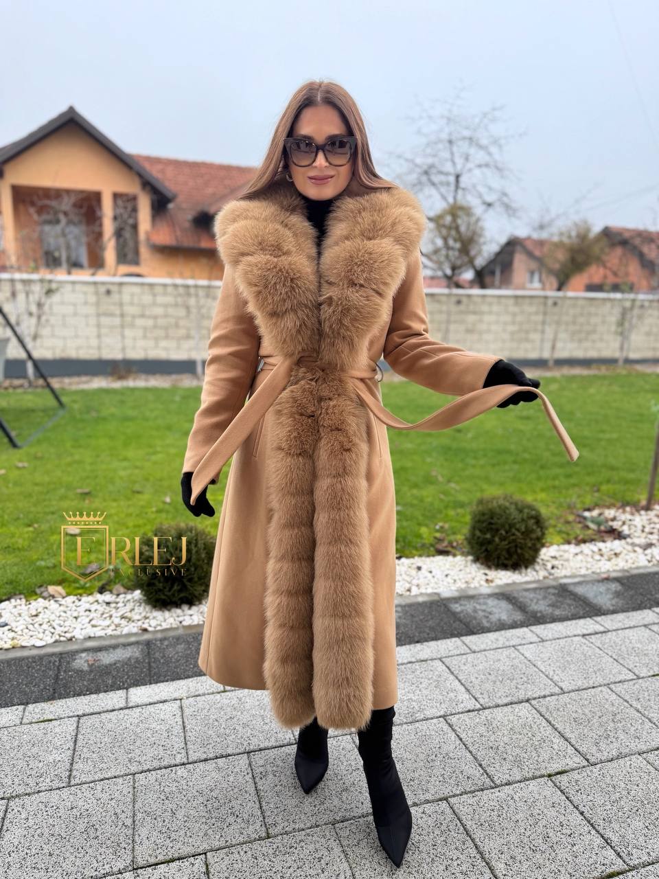 Dugi kaput od kašmira s krznom do struka - Slika 3