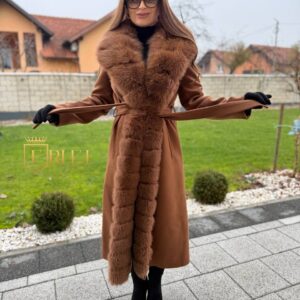 Dugi kaput od kašmira s krznom do struka – Kamel