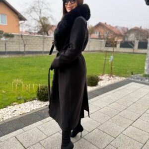 Dugi kaput od kašmira s krznom do struka – Crna